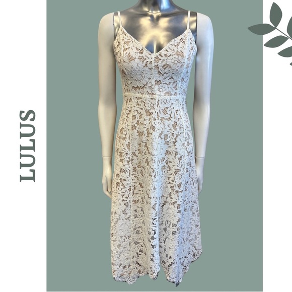 Lulus White Lace Halter Dressa Nude Lining Asymmetrical Cut Size Small - Picture 6 of 12